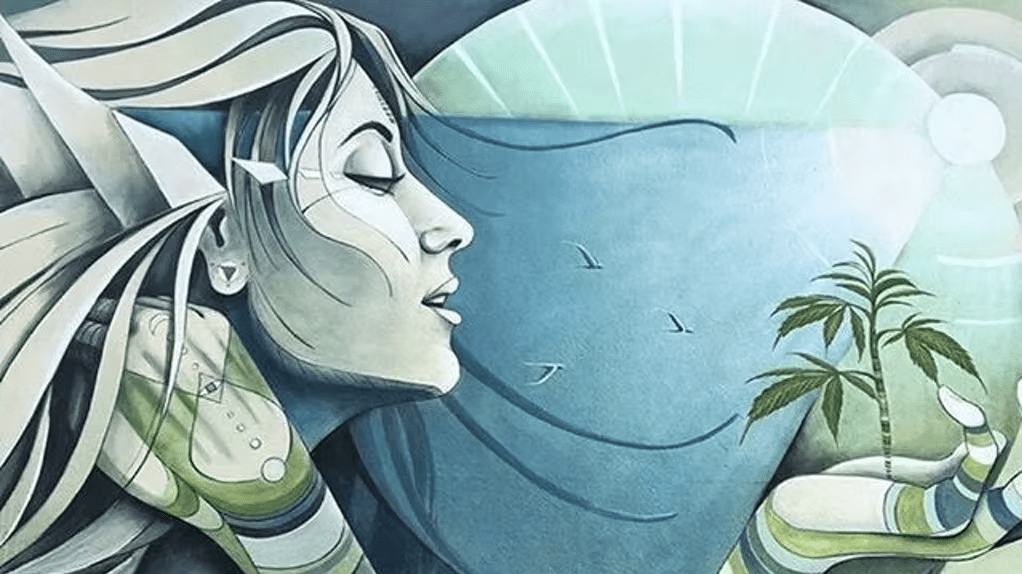 Abstract drawing depicting a serene female face in profile with flowing hair blending into a nature scene. Her hand is holding a small palm tree, symbolizing the benefit of natural remedies. The background features a sun, sky, birds, and geometric patterns in shades of blue and green. on Beatnikboutique.com